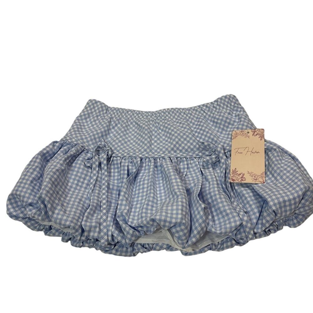 Free Haven Womens Small Blue Gingham Bubble Mini Skirt Coquette Milkmaid Bow